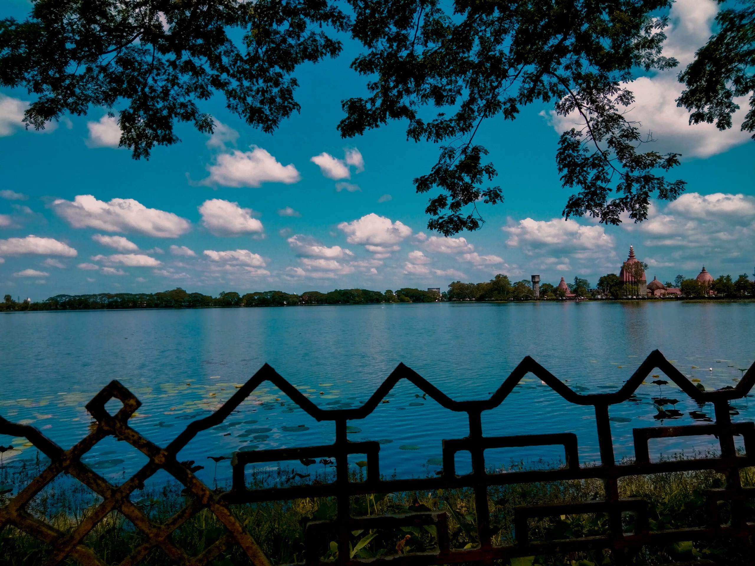 View across the Borpukhuri tank at Sivasagar to the temple spires on the far bank, framed at top by overhanging tree branches and at bottom by a decorative iron railing silhouette, under a bright cloud-flecked sky