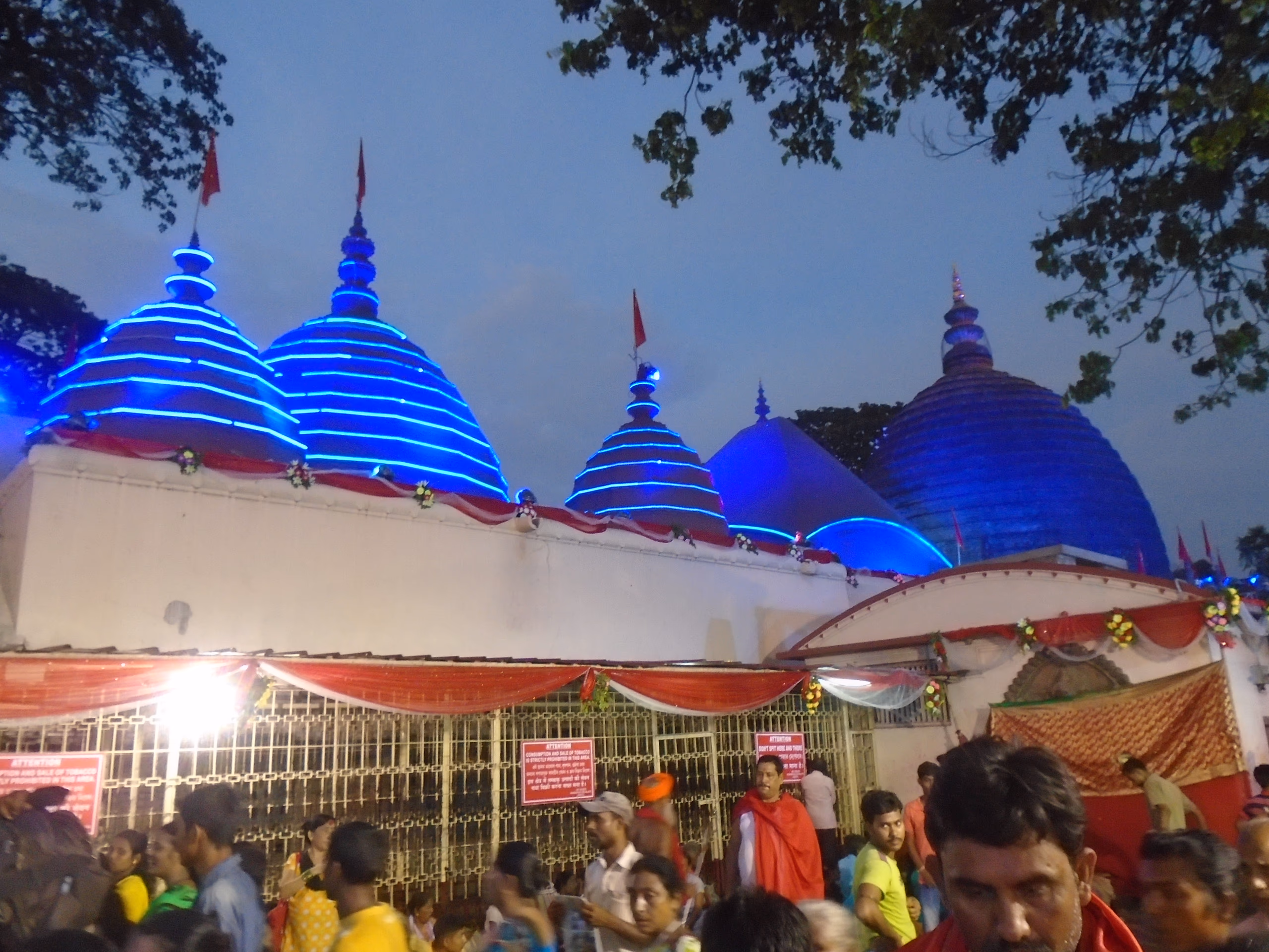 The beehive domes of the Kamakhya temple outlined in blue neon light at dusk, a garlanded gateway below them and festival crowds passing in the foreground during the Ambubachi gathering